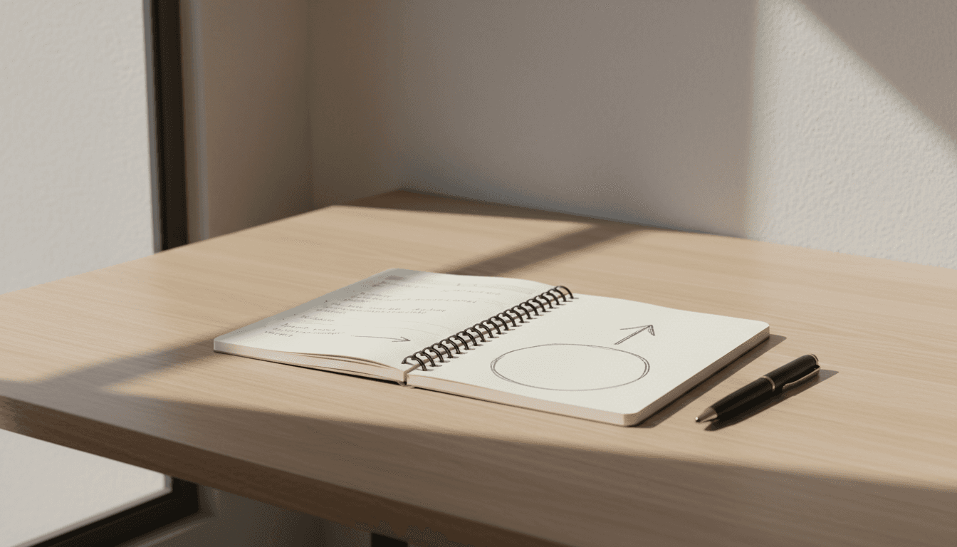 Open notebook with structured handwritten notes and arrows on a clean desk