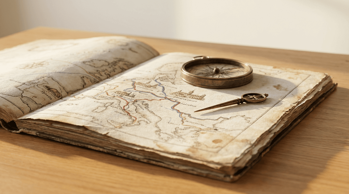 Vintage travel map with compass and route details on sunlit wooden table, macro close-up.